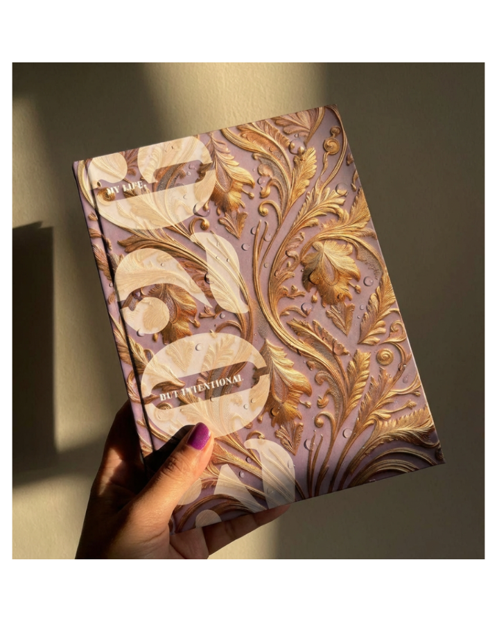 2026 agenda planner gold, purple, pink, beige notebook