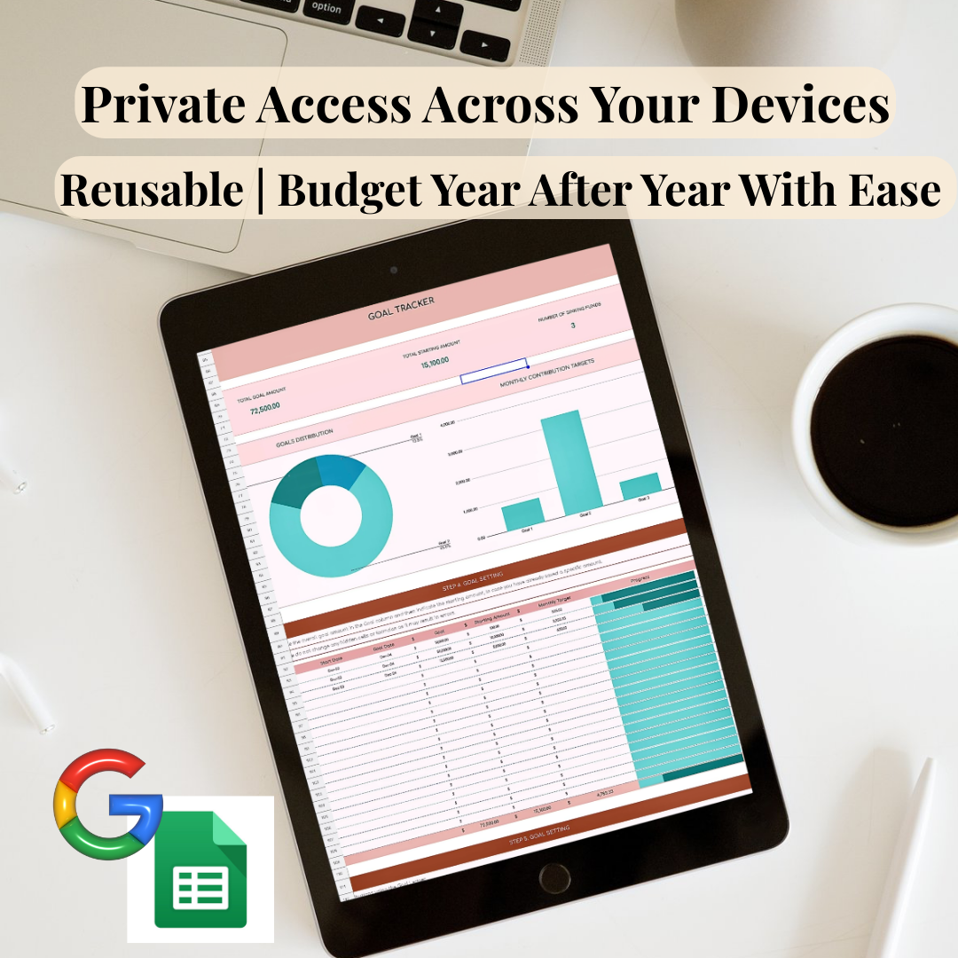 Advertisement for an Automated Financial Dashboard with a tablet screen displaying a dashboard interface for Google Sheets 
