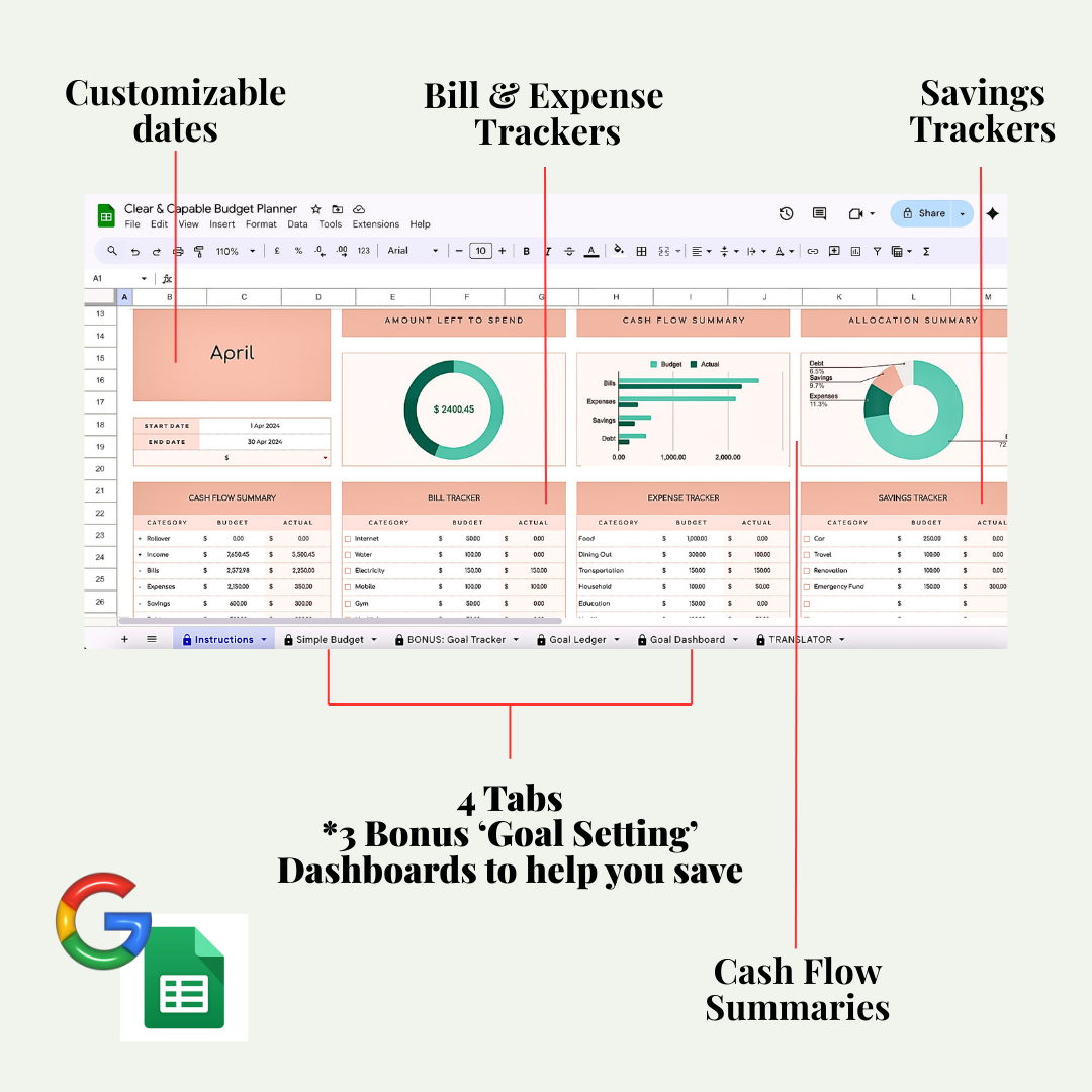 Screenshot of a budget planner software with features highlighted on a white background