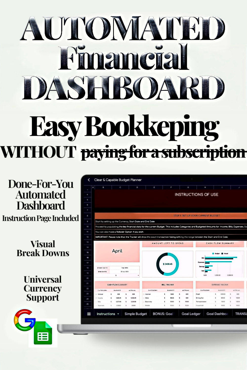 Advertisement for an Automated Financial Dashboard with a computer screen displaying a dashboard interface for Google Sheets 