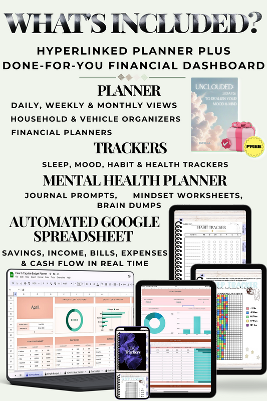 all in one hyperlink planner and dashboard with text detailing included features.