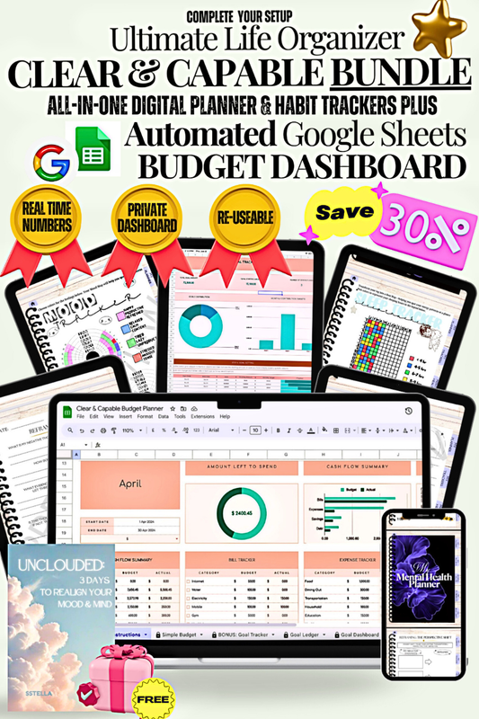 Ultimate Life Organizer bundle with digital planner, habit trackers, and a done-for-you automated financial dashboard.