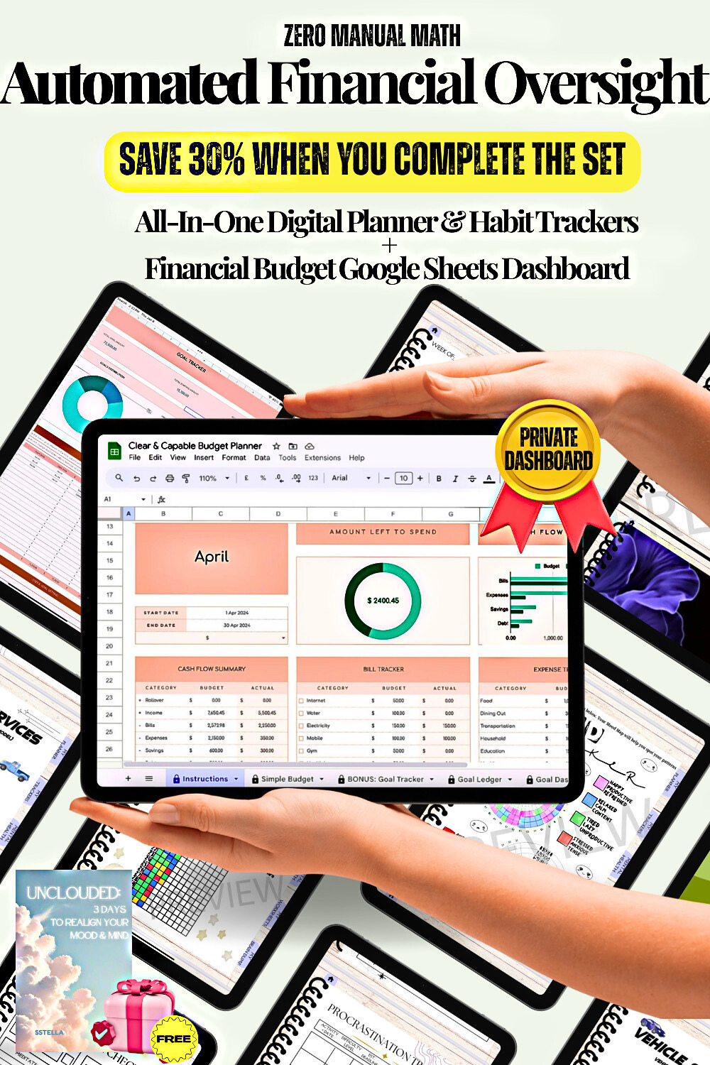 38 page hyperlink digital planner, habit trackers and financial dashboard with a discount offer