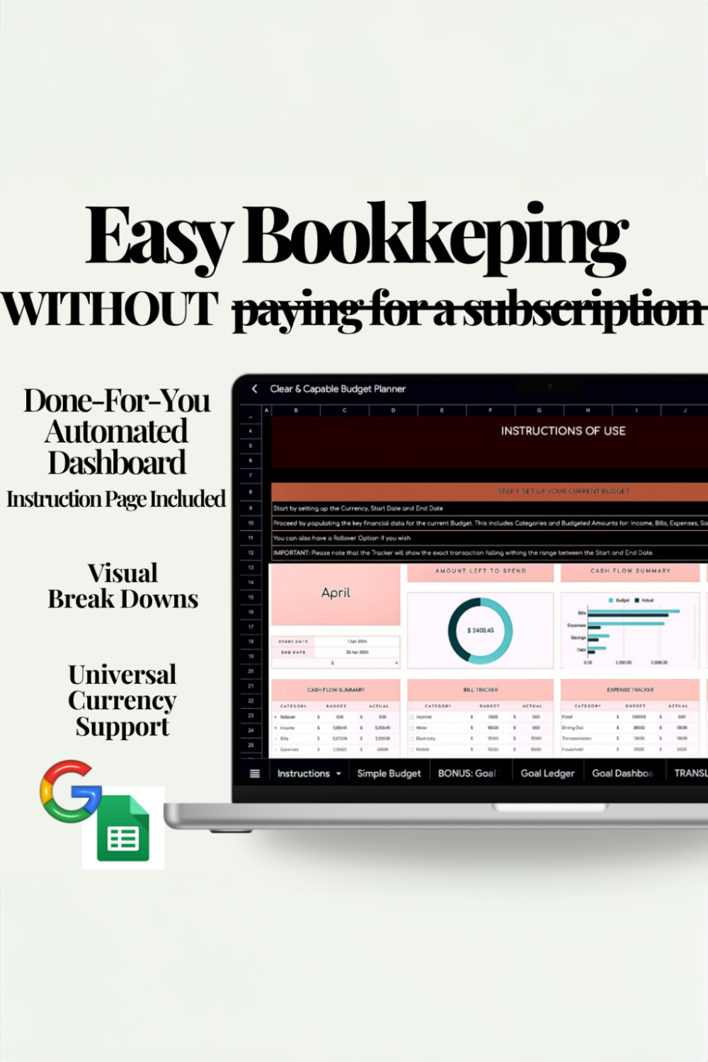 Computer screen displaying a budget planner with easy bookkeeping solutions