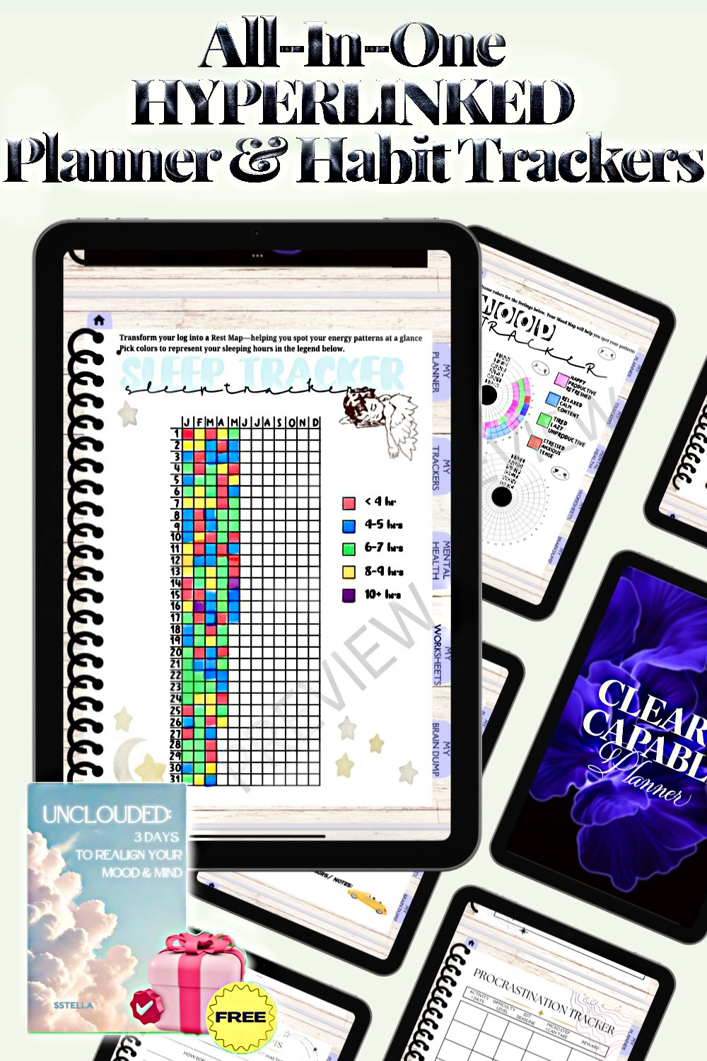 Clear & Capable Planner | All-In-One Hyperlinked Digital Planner Tool with Habit & Health Trackers (ADHD-Friendly)